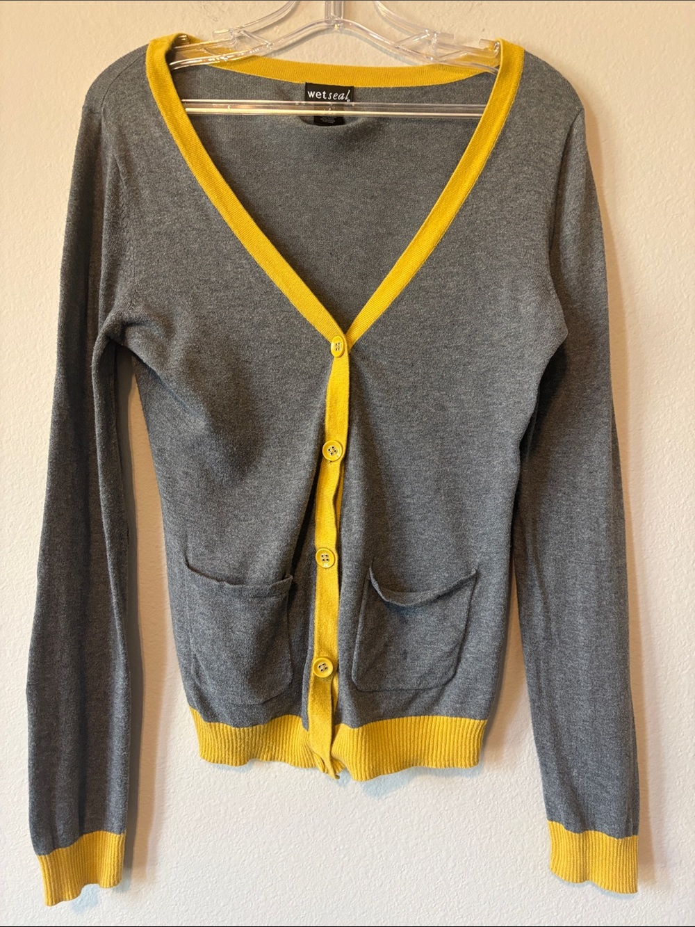 Wet Seal Gray Cardigan with Yellow Trim